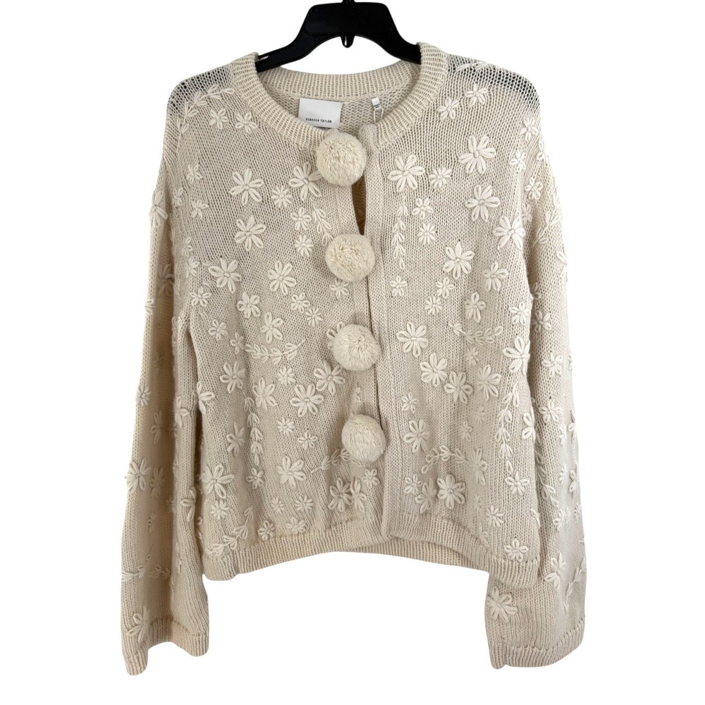 Rebecca Taylor Floral Embroidered Ivory Wool Women's XL Pom Pom Wool Cardigan - Picture 2 of 10